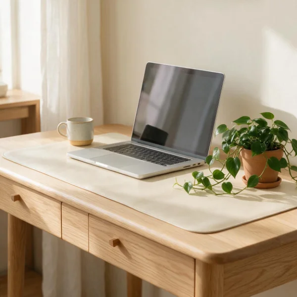A cream desk pad covering a light oak desk, with a laptop, a ceramic mug and a trailing pothos plant in soft window light