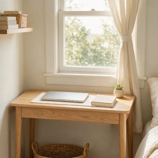 A narrow light-oak desk set against a sunlit window, with a laptop on a cream desk pad, a notebook and a small plant