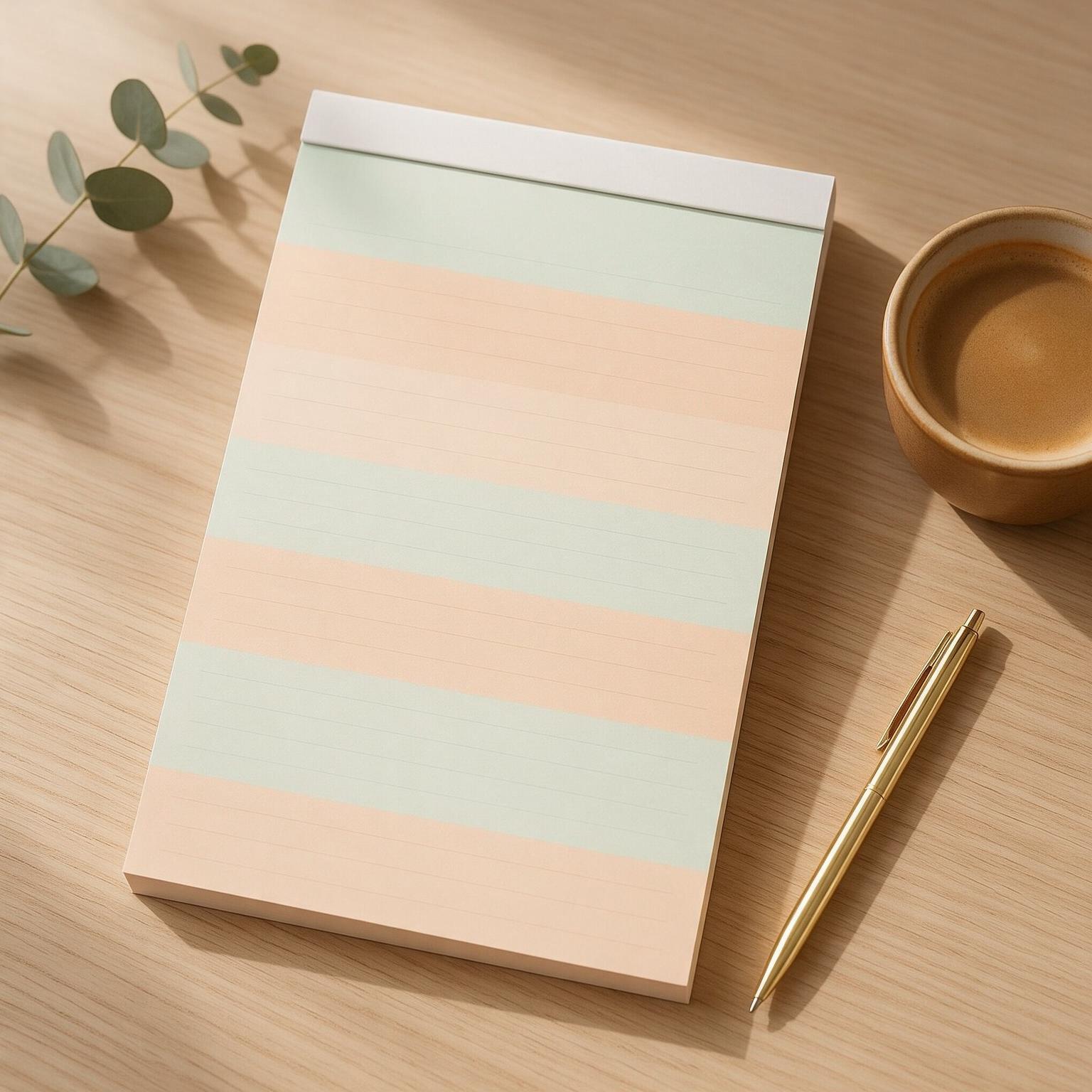 Overhead flat lay of an undated tear-off weekly planner pad with soft peach and pale mint color blocks, resting on a light oak desk beside a gold pen, a small cup of coffee and a sprig of eucalyptus.