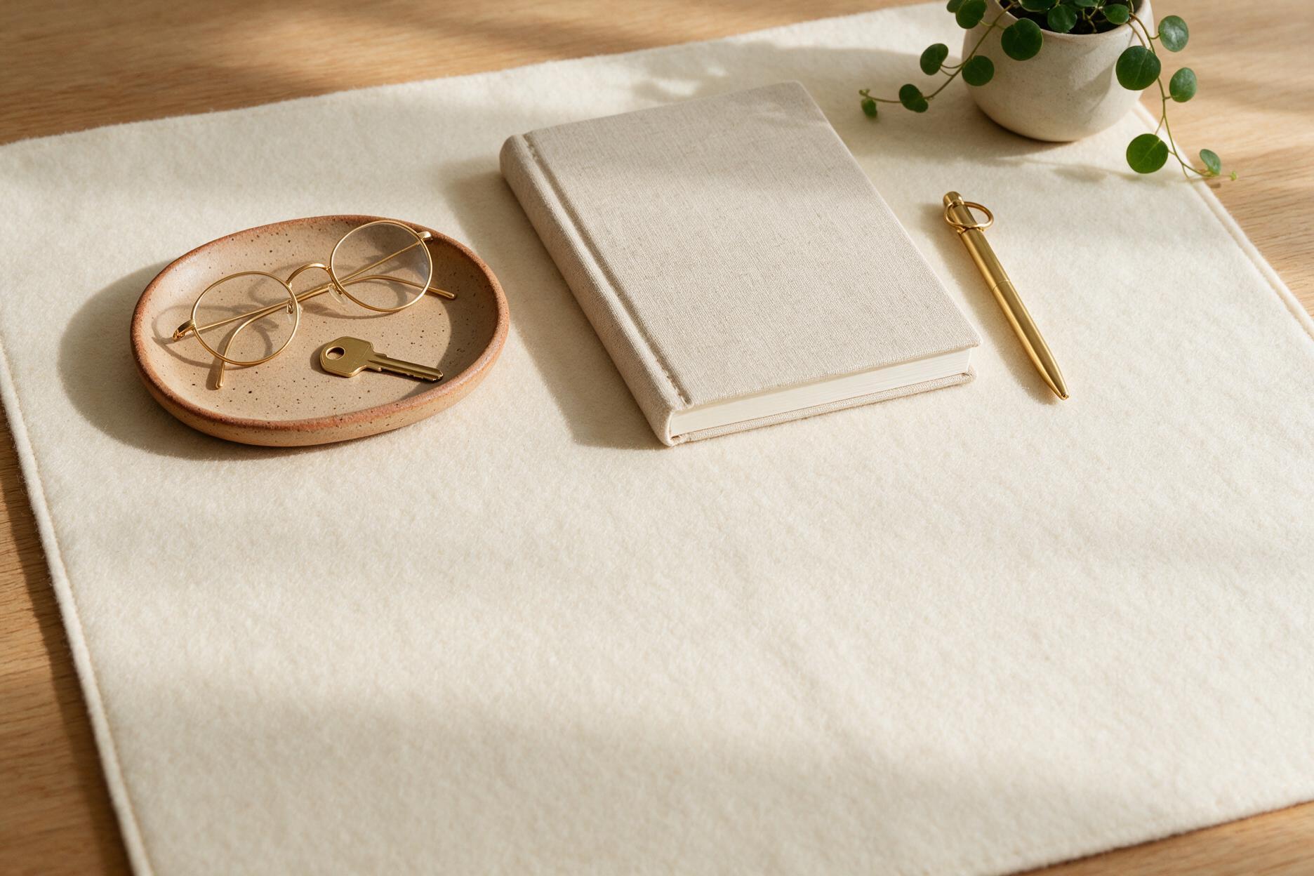 Overhead view of a cream felt desk mat holding a clay tray with glasses and a key, a plain linen notebook, a brass pen and a small trailing plant, with the lower third of the surface left deliberately empty.