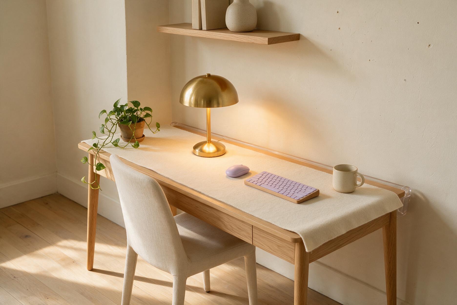A narrow light oak desk angled into the corner of a living room, with a cream desk mat, a warm brass lamp, a trailing pothos and a single floating shelf above it.