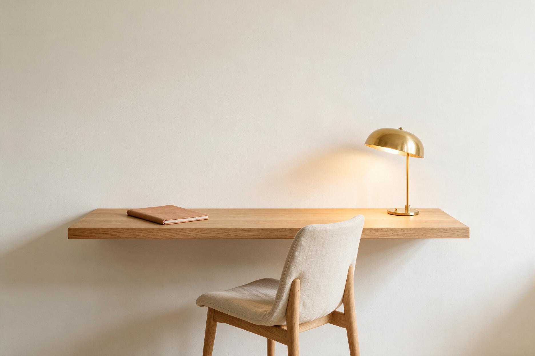 A long light oak floating shelf used as a desk against a plain warm white wall, with one pale linen chair tucked under it and one brass lamp switched on.