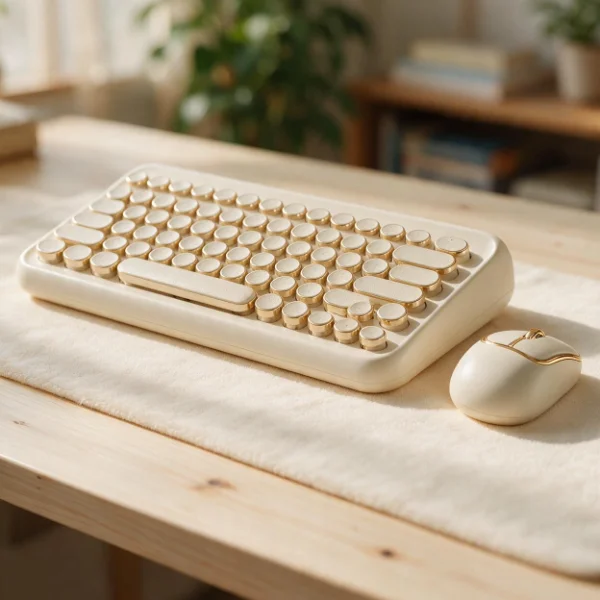 An off-white round-key typewriter-style keyboard and matching mouse on a cream mat, on a light wood desk in warm daylight
